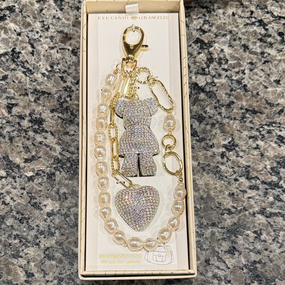 Rhinestone Gold and Pearl Bear Heart Bag Charm
Nee With Tags